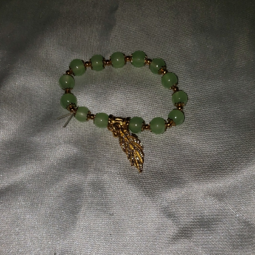 Green Beaded Bracelet with Gold Leaf Charm
